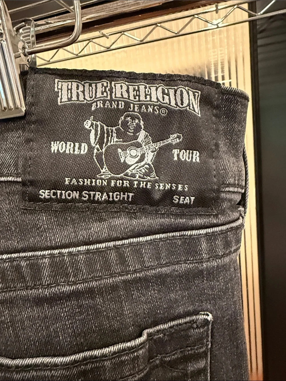 True Religion Straight Section Jeans Black Faded Horseshoe Flap Pocket 38